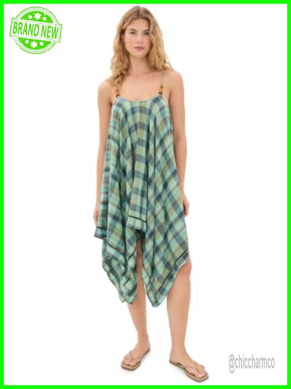 Women's Casual Swing Mini Dress with Resin Bead Accents and Handkerchief Hem